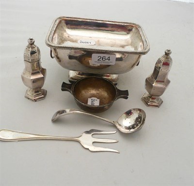 Lot 264 - Pair of late Victorian silver pepperettes, a silver quaiche, plated tureen and liner, bread...