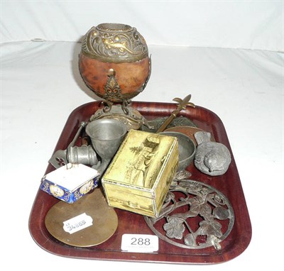 Lot 288 - Gourd and copper gilt vase, papier-mache box, pierced bronze roundel, six various plaques and...