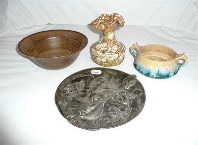 Lot 292 - Art Nouveau pewter roundel and three pieces of Studio pottery