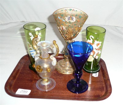 Lot 299 - Venetian enamelled and gilt goblet (a.f.), Venetian iridescent ewer, a pair of Venetian green glass