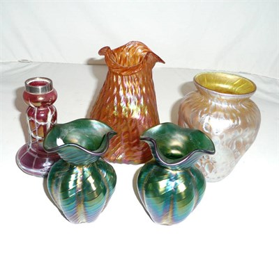 Lot 301 - Pair of Loetz-style vases and three pieces of Art Glass