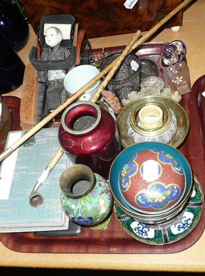 Lot 304 - Tray of Oriental items including cloisonne, metal wares, opium pipes etc