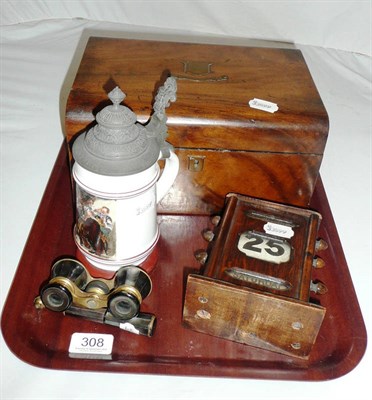 Lot 308 - Oak perpetual calendar and a walnut box, German stein and opera glasses