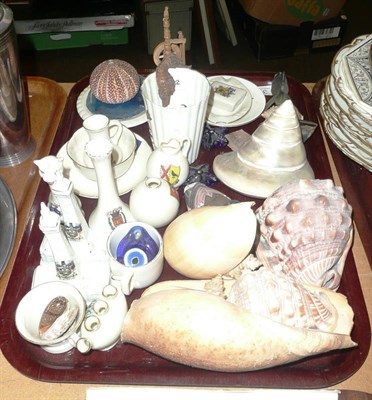 Lot 314 - A tray of commemorative china (some Goss) and shells, etc