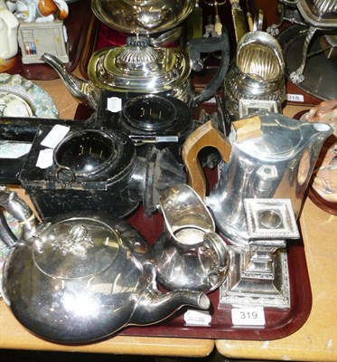 Lot 319 - Tray of plated wares, candlesticks, picquot teapot, pair of railway lamps and a leather bowler...