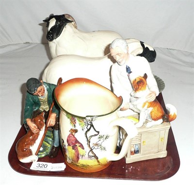 Lot 320 - Tray including two sheep ornaments by David Sharp, two Doulton figures - 'Thanks Doc' and 'the...