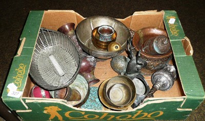 Lot 327 - Box of Eastern metalware including vases, mortars, figures, Japanese bronze stag, etc