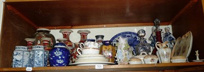 Lot 329 - Shelf of 19th century and later ceramics including Japanese earthenware vases, Chinese blue and...