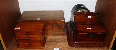 Lot 340 - A mahogany tea caddy, letter rack, oak mantel clock, miniature chest of drawers and a brass...