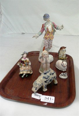 Lot 341 - Samson of Paris figure of a young man, another of an owl, English porcelain figure of a cat, a...