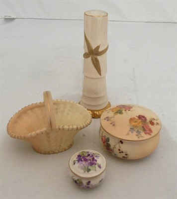 Lot 342 - Two Royal Worcester trinket boxes and covers, Worcester spill vase and Royal Worcester basket (4)