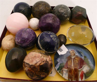 Lot 346 - Rock crystal egg-shaped hand cooler and three agate examples, a quantity of hardstone bowls and...