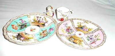 Lot 349 - A Meissen painted cup, Continental bust and two Dresden painted plates