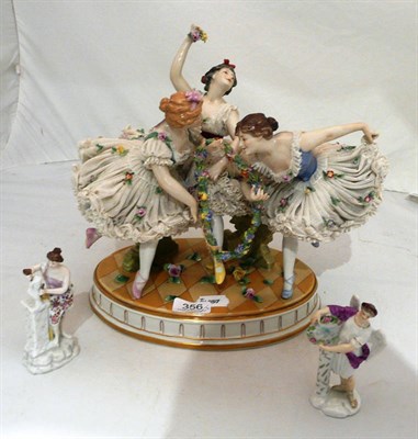 Lot 356 - Dresden figural group of ballerinas and two small Continental figurines