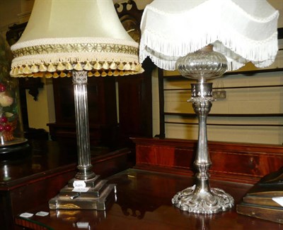 Lot 375 - Silver Corinthian column table lamp and another plated lamp (2)