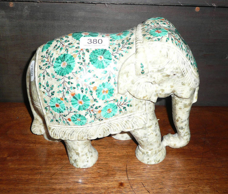 Lot 380 - A 20th century Indian hardstone processional elephant, inlaid in Malachite, mother-of-pearl and...