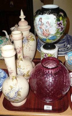 Lot 382 - Ruby shade, three opaline vases and another opaline vase