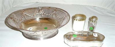 Lot 412 - A silver plated pierced basket, two silver topped jars and an oblong plated box