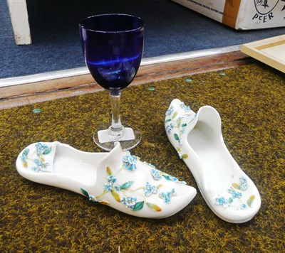 Lot 414 - Blue wine glass and a Japanese porcelain shoes