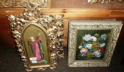 Lot 423 - Pair of gilt framed prints, oil on canvas of the Madonna in gilt frame, and two oil on board...