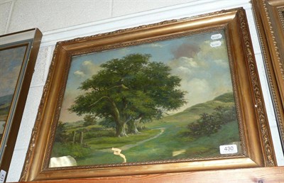 Lot 430 - Oil painting by R Mallett of oak trees in a landscape