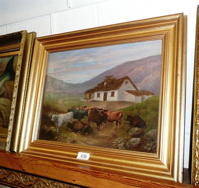 Lot 436 - Oil on canvas of cattle beside a cottage, unsigned