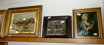 Lot 437 - Two over-painted prints, framed oil 'Loch Achilty' by C H Conkerton 1913, framed naive coloured...