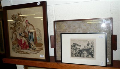 Lot 455 - Two framed needlework pictures and a framed etching