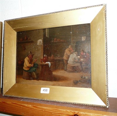 Lot 458 - Oil on panel, tavern scene after David Teniers