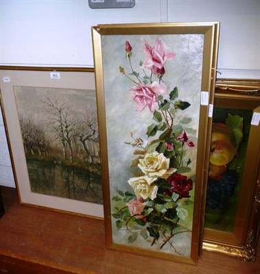 Lot 462 - Pair of still life oils of fruit signed N S Mitchell, a pair of oils of roses and an oil of...