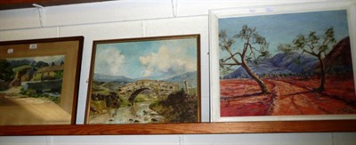 Lot 466 - Two watercolours by Lewis Creighton horseman and bridge over stream; together with watercolour...