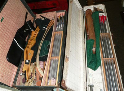 Lot 1015 - Two Cased Archery Sets - one with three piece laminated wooden  'Quick TD1 Trainer' bow, twelve...