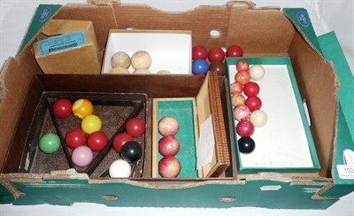 Lot 1021 - Vintage Snooker Equipment, including a selection of ivory balls, wooden triangle, scoreboard,...