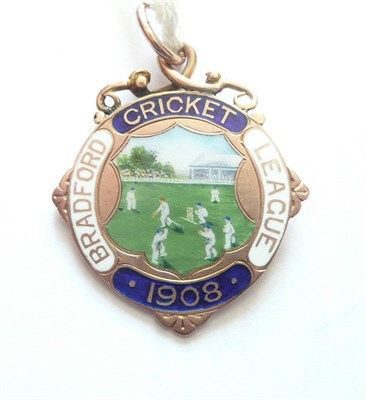 Lot 1025 - A 9ct Gold and Enamel 1908 Bradford Cricket League Winners Medallion by M. Rhodes Ltd, with...