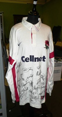 Lot 1039 - A Replica Nike Rugby Shirt Signed by The 2003 World Cup Winning Squad, XL size Cellnet white...