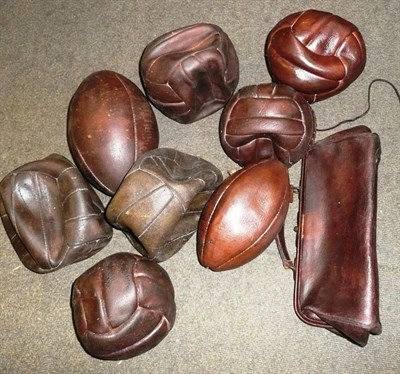 Lot 1047 - Eight Vintage Leather Sports Balls, comprising six footballs and two rugby balls; Leather Gladstone