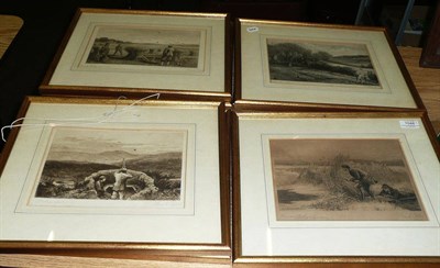 Lot 1048 - Charles Whymper - Shooting Scenes, five sepia etchings, signed in pencil to the margins, also...