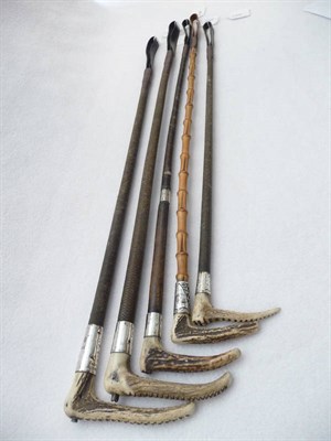 Lot 1058 - Five Silver Mounted Antler Handled Riding Crops, all from the Estate of Montrave, Leven, Fife,...