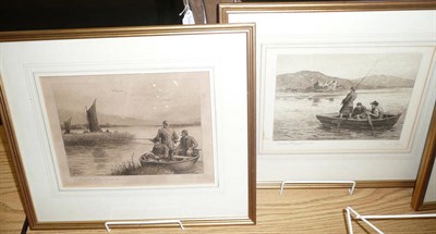 Lot 1114 - Charles Whymper - Fishing Scenes, set of five sepia engravings, with pencil signatures to the...