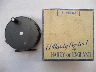 Lot 1134 - A Hardy 3 3/4inch Alloy Wide Drum 'Perfect' Fly Reel, with black handle, notched brass foot,...