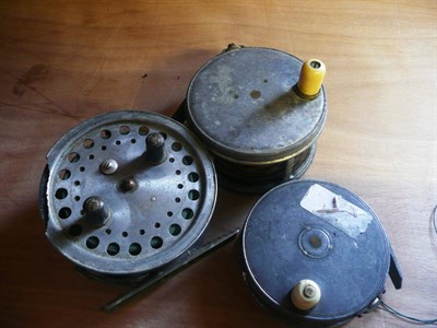 Lot 1142 - Three Damaged Hardy Pre-War Alloy Reels:- 3 1/2inch 'Perfect' with rod in hand trademark and...