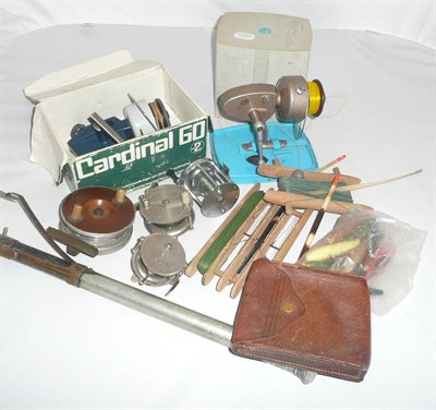 Lot 1147 - Mixed Tackle, including a 3 1/2inch alloy centrepin reel with brass strap back and wooden insert to