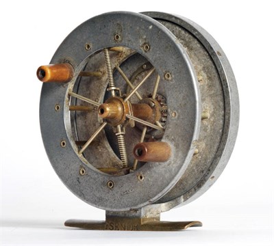 Lot 1156 - A 3 1/2 Inch Alloy 'Allcock Aerial' Reel, with twin tapered horn handles, six spokes, stamped...