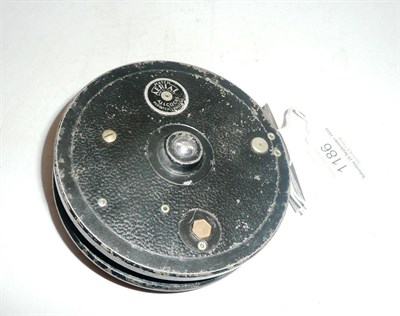 Lot 1186 - An Allcocks 4 1/2inch Alloy 'Match Aerial' Reel, with twin tapered black handles, six spokes, alloy