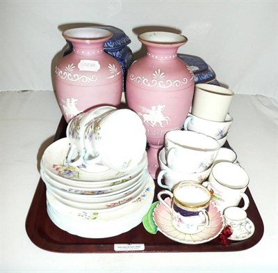 Lot 1 - Two Ringtons tea caddies, Shelley teawares, pair of pink glass vases etc (on a tray)