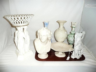Lot 8 - Parian - Copeland, Oenone; German bisque vase boy with two dogs; tazza with vine leaves and grapes