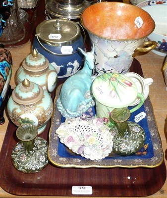 Lot 19 - Tray of decorative ceramics including a Maling vase, Carlton ware, Noritake, Wedgwood, and two...