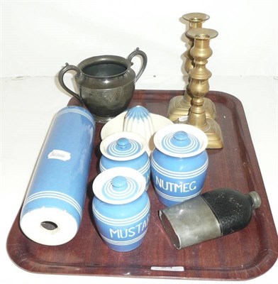 Lot 24 - Cornish ware type storage jars, brass candlesticks, etc