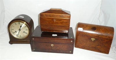Lot 29 - Stationery box, tea caddy, jewellery box and a mantle clock