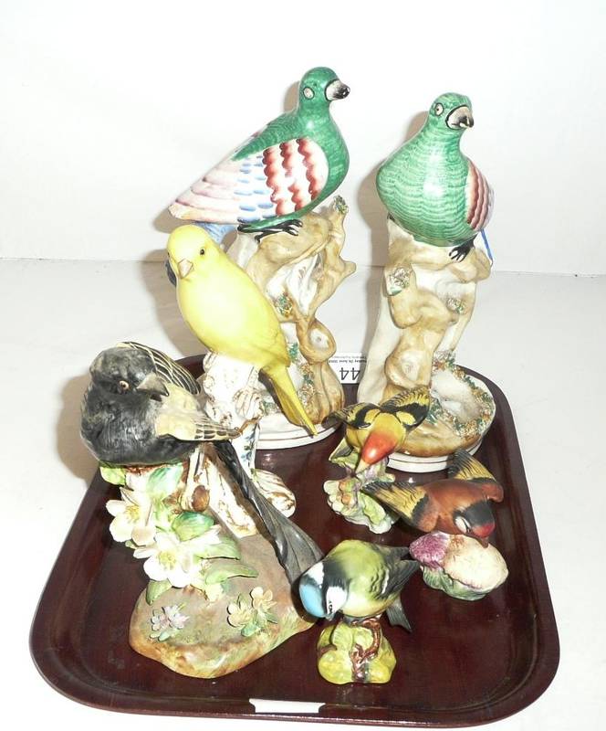 Lot 44 - Pair of Staffordshire bird groups and three Royal Worcester birds, a Beswick bird and a crown...